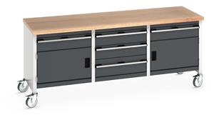 Bott Cubio Mobile Storage Workbench 2000mm wide x 750mm Deep x 840mm high supplied with a Multiplex (layered beech ply) worktop, 5 x drawers (1 x 200mm & 4 x 150mm high) and 2 x 350mm high integral storage cupboards.... 2000mm Width Mobile Industrial Storage Bench with cupboards & Drawers